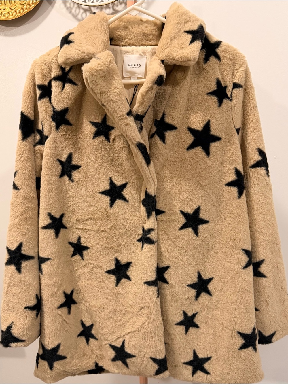 Le Lis Beige Faux Fur Star Print Coat with Black Stars